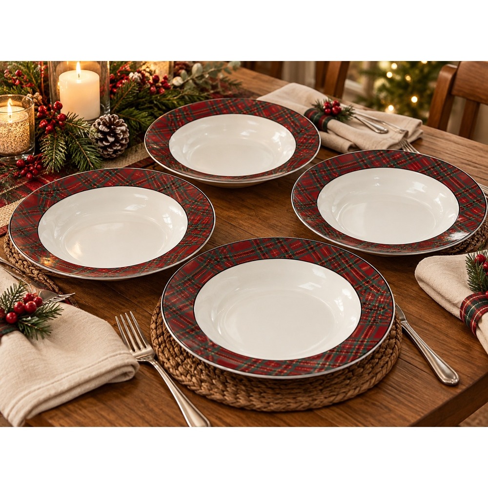 Vintage Bombay Tartan Plaid Pasta Bowls Set 4 Christmas Holiday 9.25"